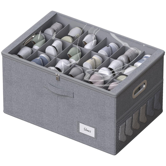 Shoe Organizer for Closet,Shoe Box Storage Containers Fit 18 Pairs,Foldable Shoe Storage Bins with Clear Cover & Adjustable Dividers for Shoes,Blankets,Linen,Clothing